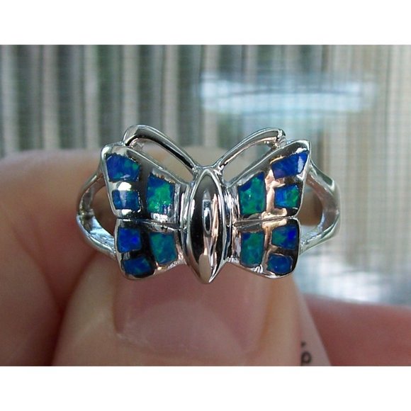 .925 STERLING SILVER Lab Created Blue Fire Opal Inlay Butterfly Ring - Picture 7 of 13